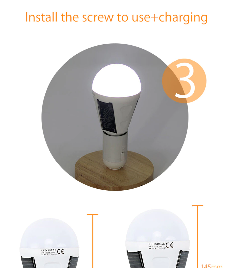 7 watt solar powered light bulb with hanger