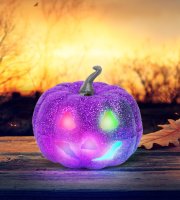 Halloween-i RGB LED dekor - habszivacs tök - lila - 11 cm