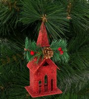 Karácsonyi glitteres templom akasztóval - 16 x 6,5 cm - piros