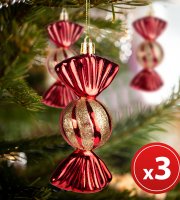 Karácsonyfadísz szett - szaloncukor - akasztóval - piros - 11 x 4 cm