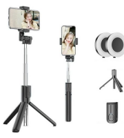 3 az 1-ben Selfie bot és tripod állvány, 2 db kör alakú tükrös LED világítással