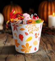 Őszi dekoráció - fém kaspó, vödör - leveles - 15 x 13,7 cm