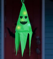 Halloween-i világító dekoráció - szellem - zöld - 10 színes LED - akasztható - 2 x 2032 - 75x20 cm