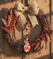 Őszi dekoráció - manó tökkel - akasztható - fa - 31 x 5 cm