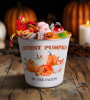 Őszi dekoráció - fém kaspó, vödör - tökös - 15 x 13,7 cm