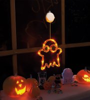 Halloween-i világító dekoráció - szellem - tapadókorongos - 12 LED - 20 x 18,5 cm - 3 x AAA