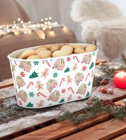 Karácsonyi fém kosár - házikó mintás - 19 x 11,5 x 9,5 cm