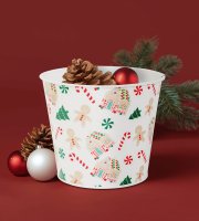 Karácsonyi dekoráció - fém kaspó, vödör - házikó - 13 x 11 cm