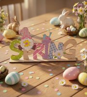 Tavaszi fekvő asztaldekoráció fából - manós