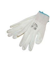 Kötött kesztyű fehér nylon, XL-es méret, 10' poliuretánba mártott teny. és ujjhegy., gumírozott mandzsetta