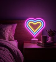 Neon LED lámpa - színes szív - 3 x AA + USB - 25,2 x 1,6 x 23 cm