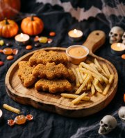 Halloween-i tálaló/kínáló tál fogantyúval – fából - tök mintás - 26,5 x 20 x 1,5 cm